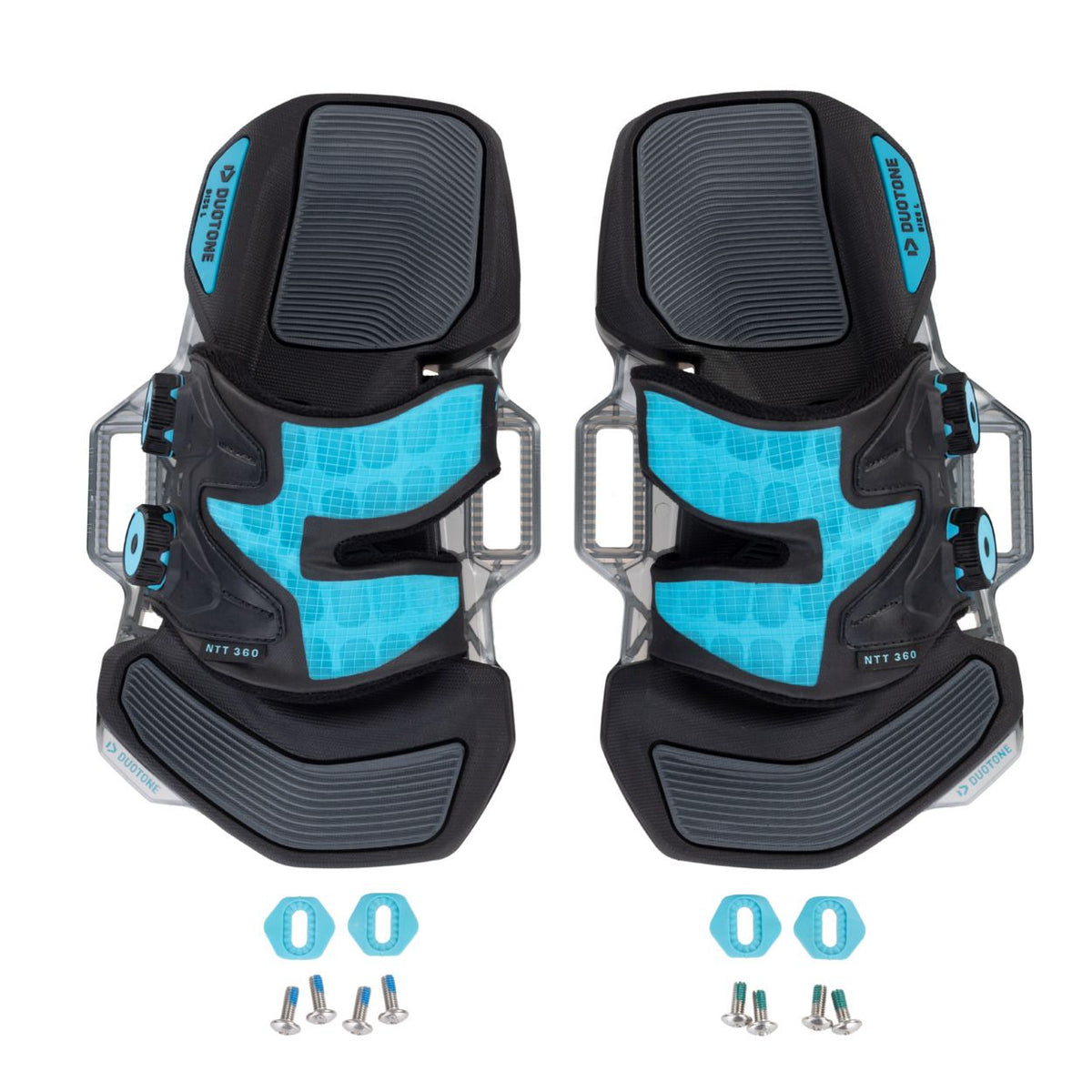 Duotone Entity 360 2027 Kiteboard-Bindung schwarz-blau, Draufsicht mit Befestigungsmaterial