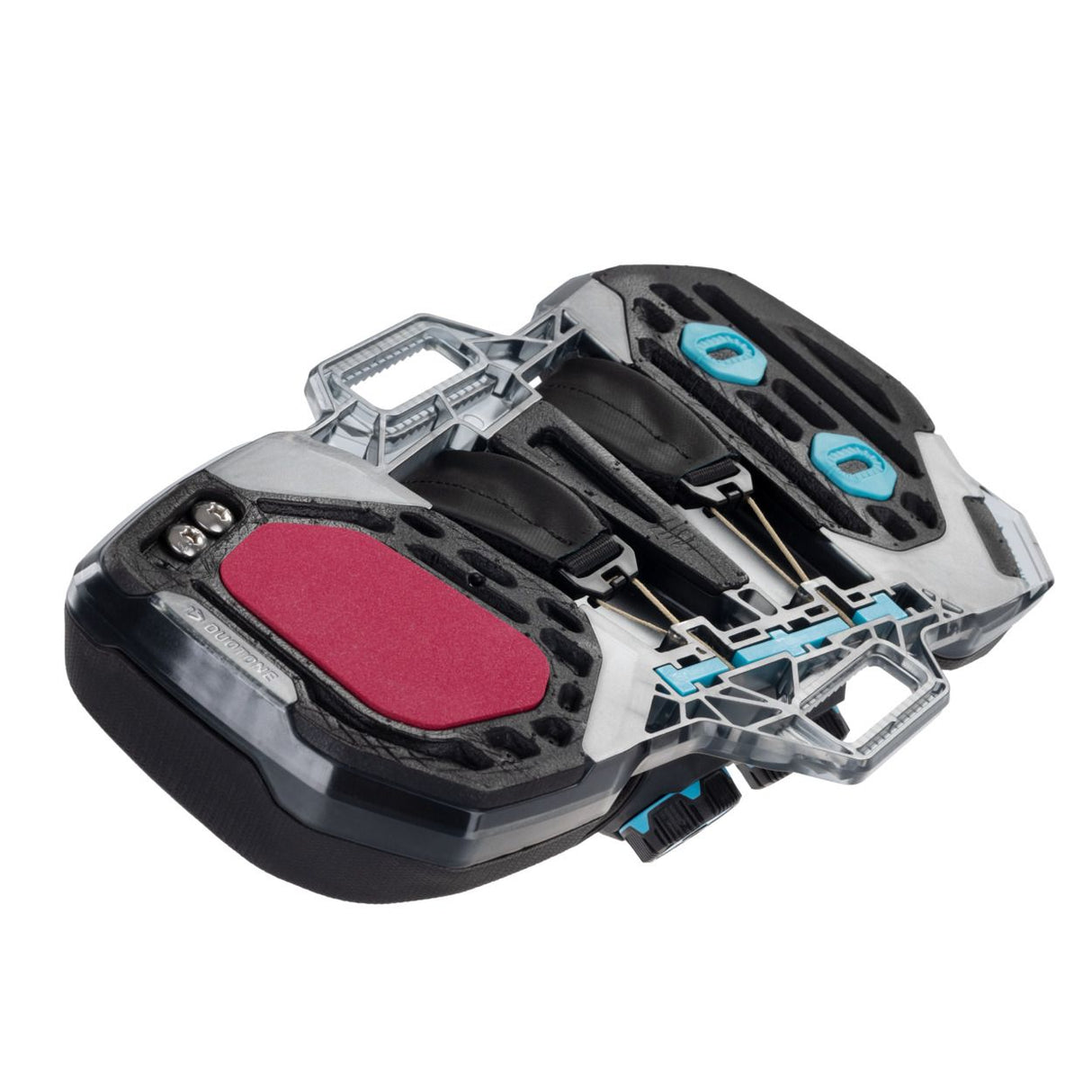 Duotone Entity 360 2027 Kiteboard mit schwarzem und weißem Design, rosa Fußplatte und blauen Mechanismen, Draufsicht