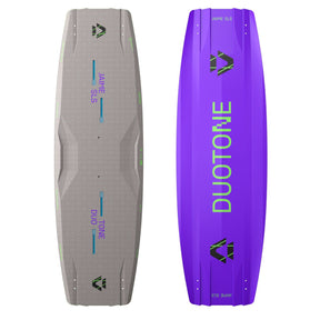 Duotone Jaime SLS 2027 Kiteboard in Grau und Violett, Draufsicht beider Seiten mit Duotone-Logo und Modellbezeichnung