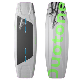 Duotone TS Freestyle SLS 2027 Kiteboard, Draufsicht, grau-weiß mit neongrünem Design und schwarzen Details