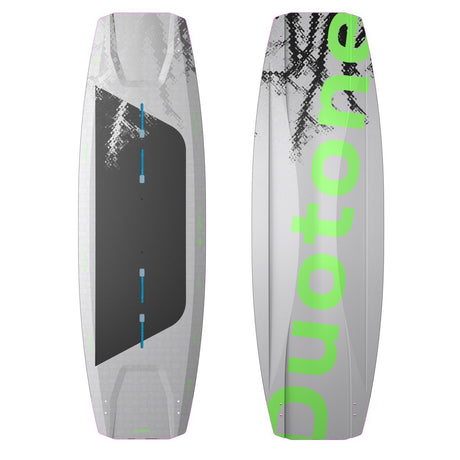 Duotone TS Freestyle SLS 2027 Kiteboard, Draufsicht, grau-weiß mit neongrünem Design und schwarzen Details