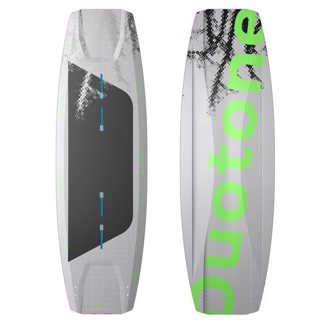Duotone TS Freestyle SLS 2027 Kiteboard, Draufsicht, grau-weiß mit neongrünem Design und schwarzen Details