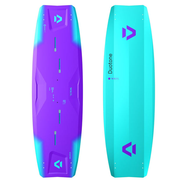 Duotone Soleil Concept Blue 2027 Kiteboard, Duotone-Logo, Farbverlauf Violett-Cyan, Vorder- und Rückseite