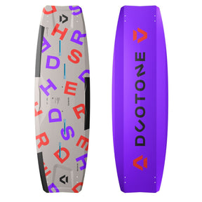 Duotone Shred 2027 Kiteboard, grau und violett mit farbigen Buchstaben, Dual-View von Ober- und Unterseite
