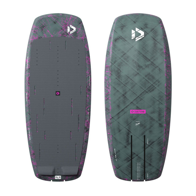 Duotone Soar SLS 2027 Kiteboard, grau-grün mit magenta, Oberseite und Unterseite, Doppelansicht