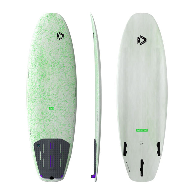 Duotone Whip SLS 2027 Kiteboard grün-weiß, Draufsicht und Seitenansicht mit schwarzen Fußschlaufen