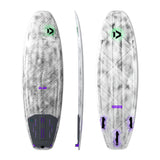 Duotone Whip D/LAB 2027 Kiteboard, Draufsicht, Seitenansicht und Unterseite, weiß-graues Muster mit grünem Logo und violetten Details