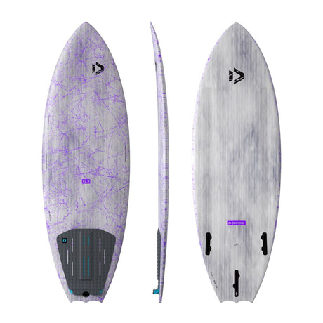 Duotone Volt SLS 2027 Kiteboard lila-weiß, Draufsicht und Seitenansicht, mit strukturierter Oberfläche und Griffzonen