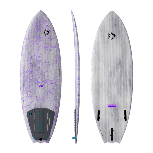 Duotone Volt SLS 2027 Kiteboard lila-weiß, Draufsicht und Seitenansicht, mit strukturierter Oberfläche und Griffzonen