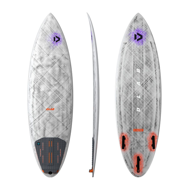 Duotone Blur D/LAB 2027 Wakeboard in Weiß und Grau mit violettem Logo, Draufsicht, Seitenansicht und Unteransicht