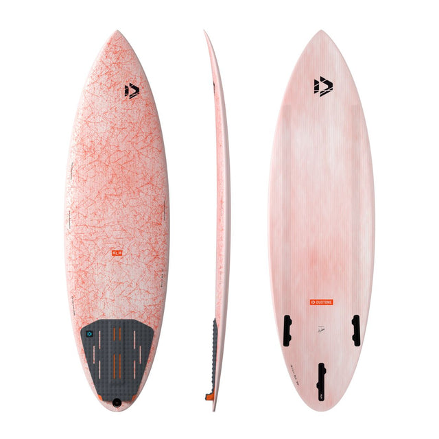 Duotone Blur SLS 2027 Surfboard in Rosa mit Duotone-Muster, drei Ansichten zeigend, oben und unten mit Finnen