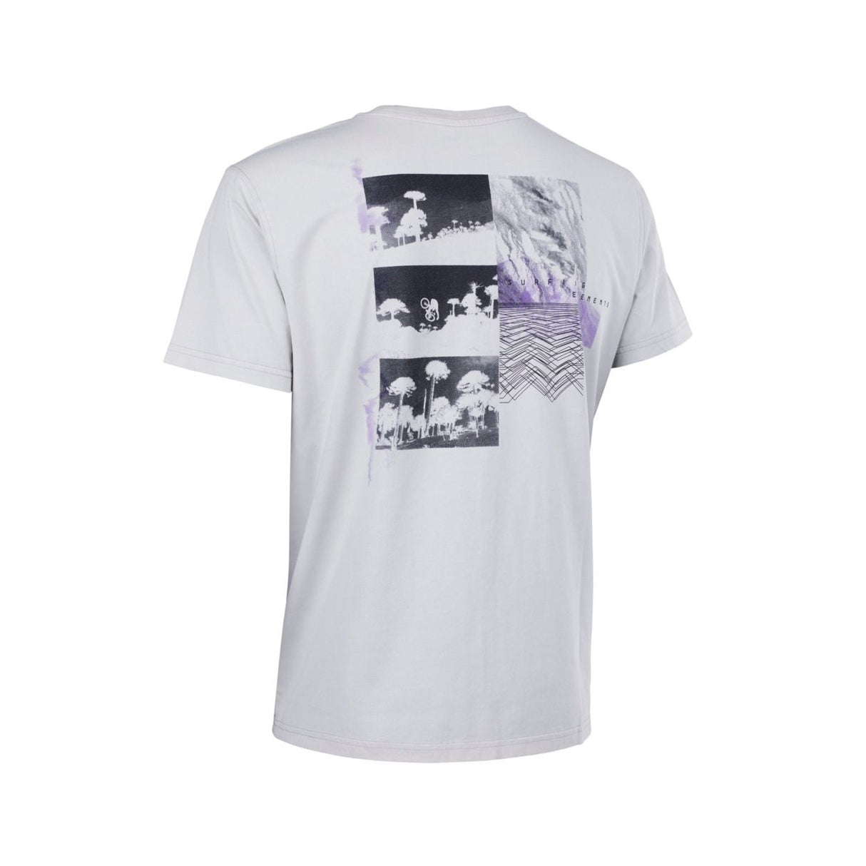 ION Graphic Tee 2026 weißes T-Shirt mit schwarzweißem Fotodruck und violettem Geometrie-Design, Frontalansicht