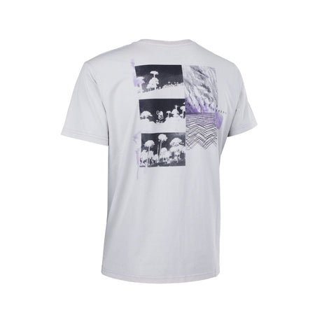 ION Graphic Tee 2026 weißes T-Shirt mit schwarzweißem Fotodruck und violettem Geometrie-Design, Frontalansicht