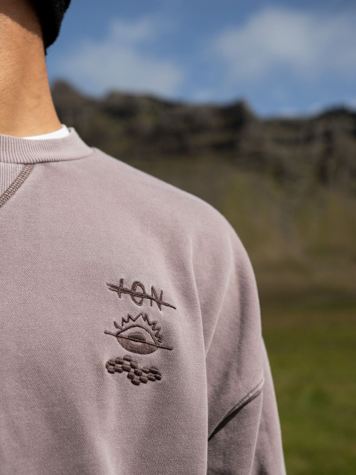 ION Sweater Mood Men beige Baumwollmischung mit gesticktem Motiv, Frontalansicht auf Modell