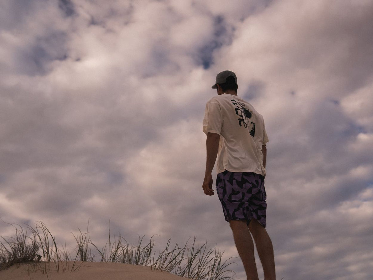 ION Boardshorts AOP 2026 in Dunkelblau mit All-Over-Print, Trägerbild am Strand