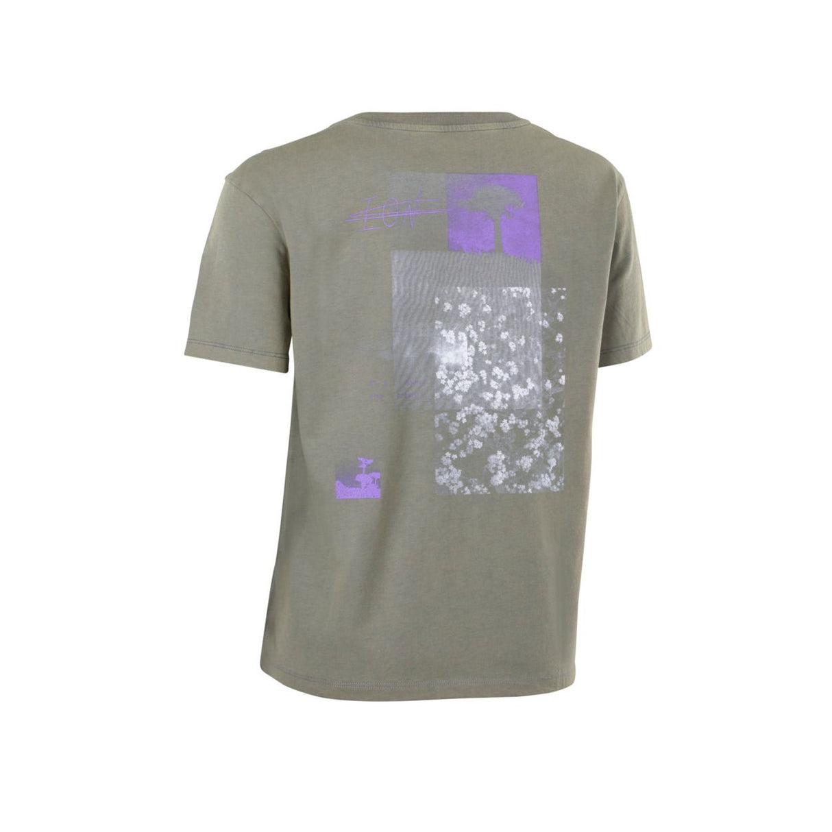 ION Tee Graphic 2026 in Khaki mit violettem Grafikprint auf der Rückseite, Frontansicht des Baumwoll-T-Shirts
