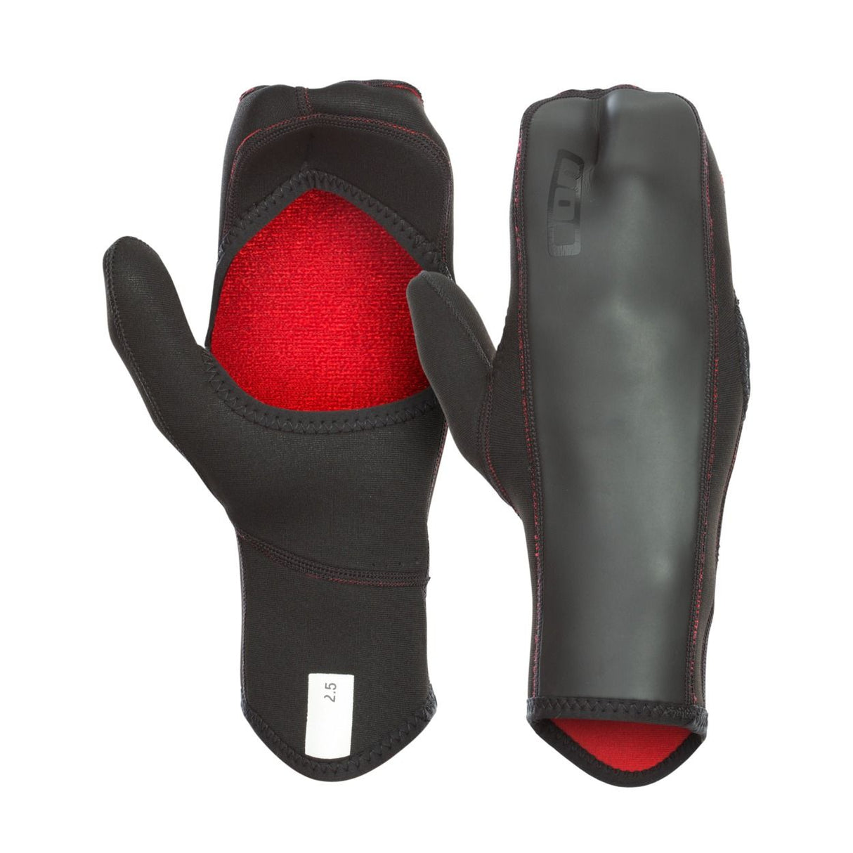ION Open Palm Mitten 2.5 2026, schwarze Neopren-Handschuhe mit rotem Handflächen-Einsatz, Vorder- und Rückansicht