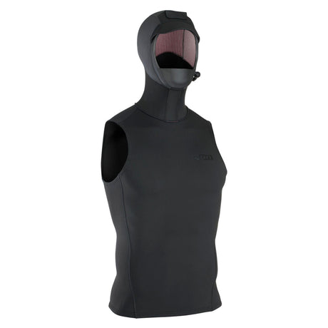 ION Hooded Neo Vest 3/2 schwarz, ärmelloses Neopren-Weste mit Kapuze, Frontalansicht