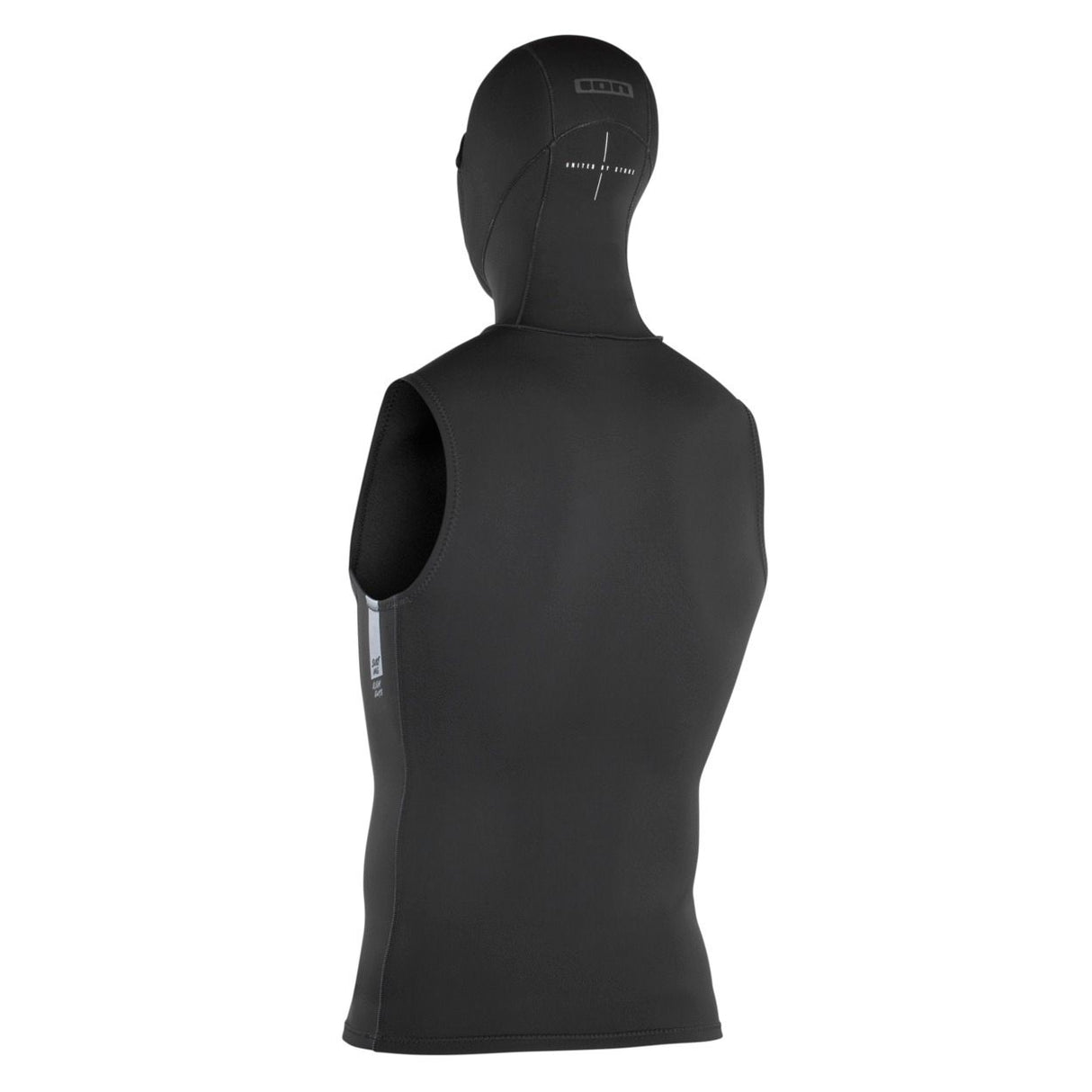 ION Neo Top Hooded Vest 2/1 2026, schwarze Neopren-Weste mit Kapuze, Rückansicht auf Mannequin