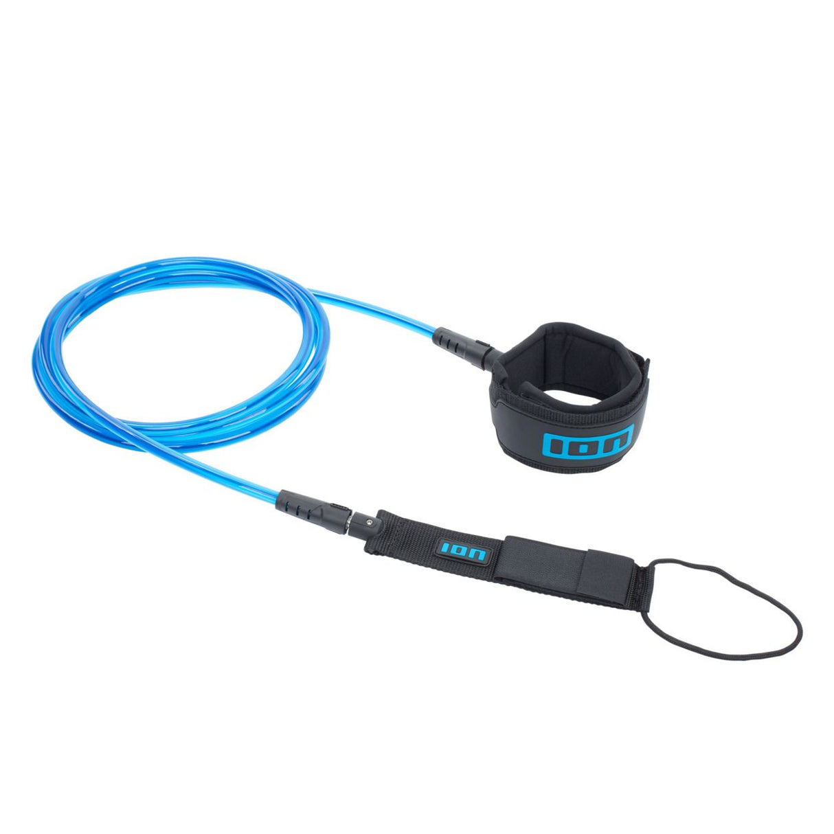 ION SUP Leash Core Ankle 2026 in Blau mit schwarzem Knöchelmanschette und Handschlaufe, frontal