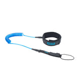 ION Wing SUP Board Leash Core Coiled Knee 2026, blau-schwarzes Spiralleash mit Neopren-Fußmanschette und Schlaufe