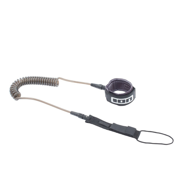 ION SUP Leash Tec Coiled Ankle 2026, aufgerollte Verbindung mit Knöchelmanschette und Handschlaufe, grau-schwarz