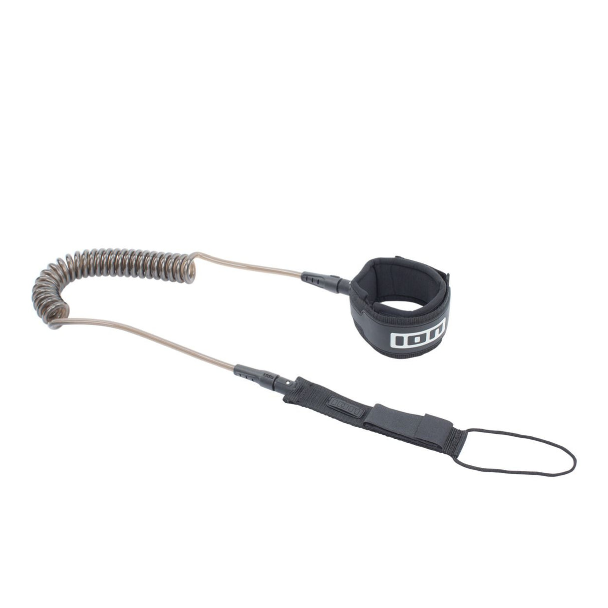 ION SUP Leash Core Coiled Ankle 2026, grau-schwarze Spiralseil-Fußschlaufe mit Neopren-Fußmanschette, Draufsicht