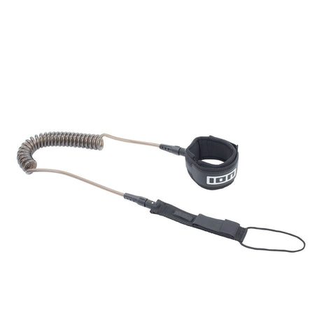 ION SUP Leash Core Coiled Ankle 2026, grau-schwarze Spiralseil-Fußschlaufe mit Neopren-Fußmanschette, Draufsicht