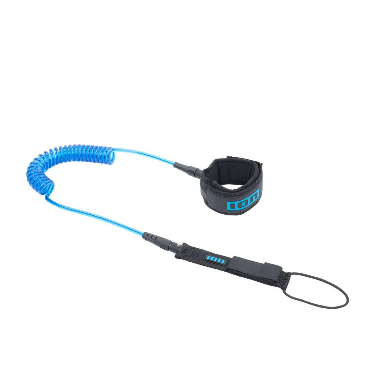ION SUP Leash Core Coiled Ankle 2026, blau-schwarze Spiralleine mit Knöchel-Manschette und Handschlaufe