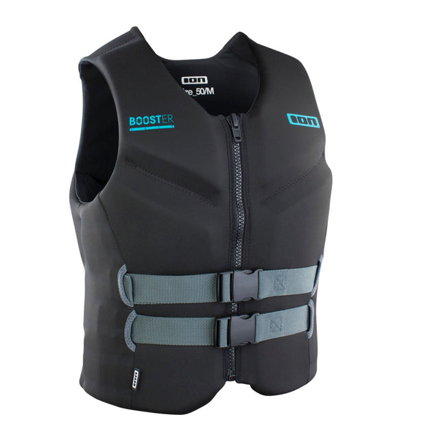 ION Booster Vest USCG schwarz mit Frontreißverschluss, zwei Gurten, Frontalansicht
