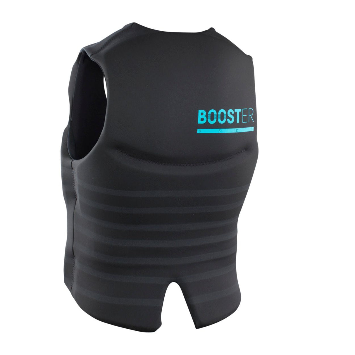 ION Booster Vest USCG Front Zip 2026 schwarz mit türkiser Beschriftung, Frontalansicht