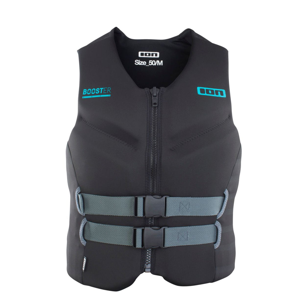 ION Booster Vest USCG schwarz mit Frontreißverschluss, blauem Gürtel und USCG-Zertifizierung, Vorderansicht