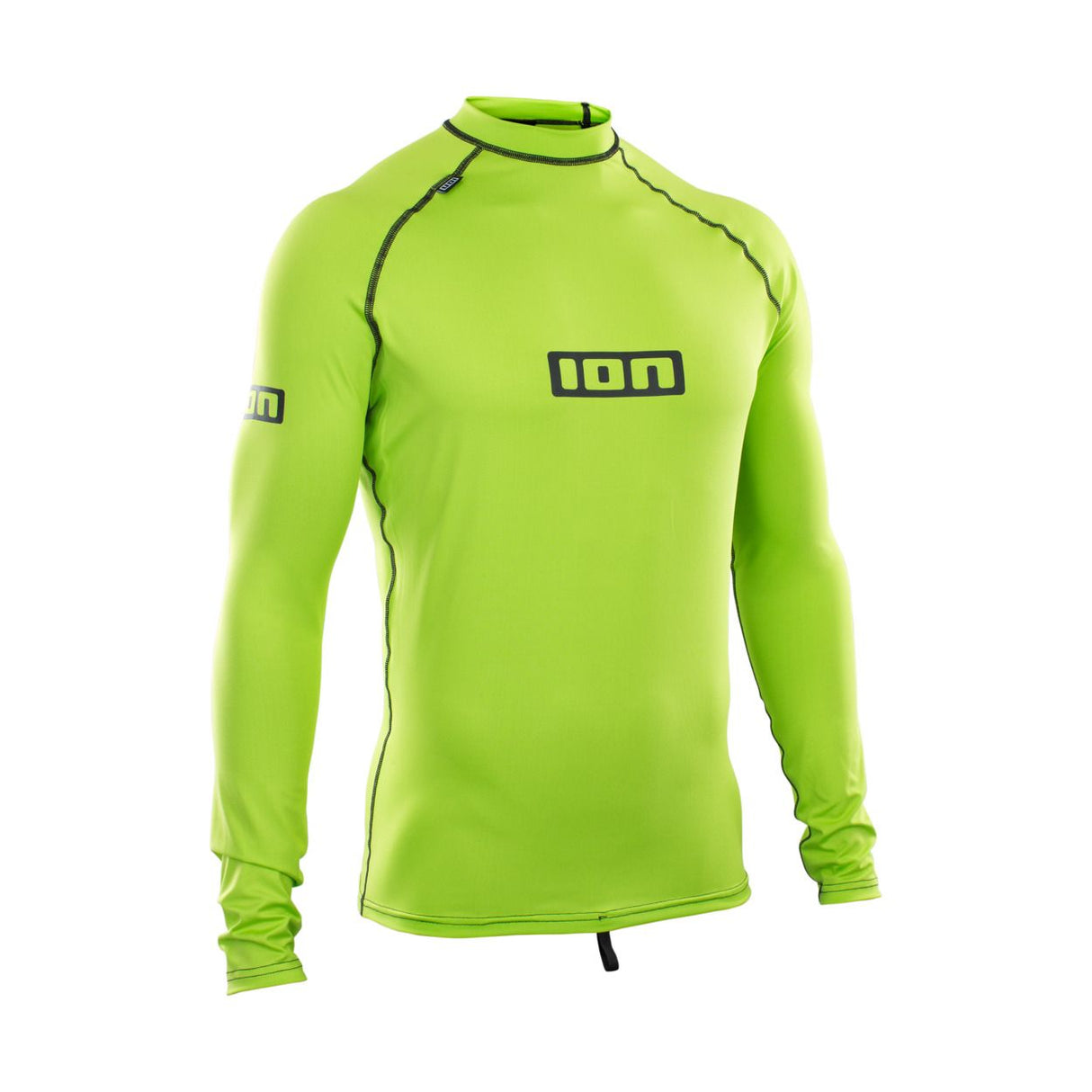 ION Promo Rashguard 2026 neongrün mit langen Ärmeln, Rollkragen und ION-Logo, Frontansicht