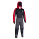 ION Fuse Drysuit 4/3 Back Zip schwarz/rot mit Kapuze, Frontalansicht des wasserdichten Anzugs für Wassersport