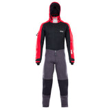 ION Fuse Drysuit 4/3 Back Zip schwarz/rot, Frontalansicht mit Kapuze, Neopren-Tauchanzug für Wassersport
