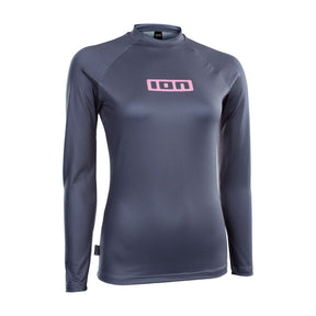 ION Rashguard Promo LS Damen 2026 in Dunkelblau mit rosa ION-Logo, Langarm-Funktionsshirt von vorne