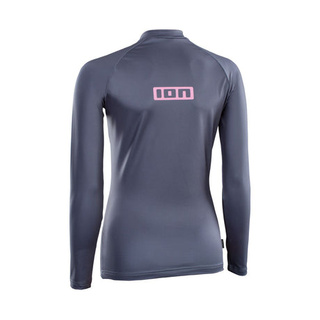 ION Rashguard Promo LS Women 2026, Langarm-Badeshirt in Dunkelblau mit rosa ION-Logo, Rückansicht