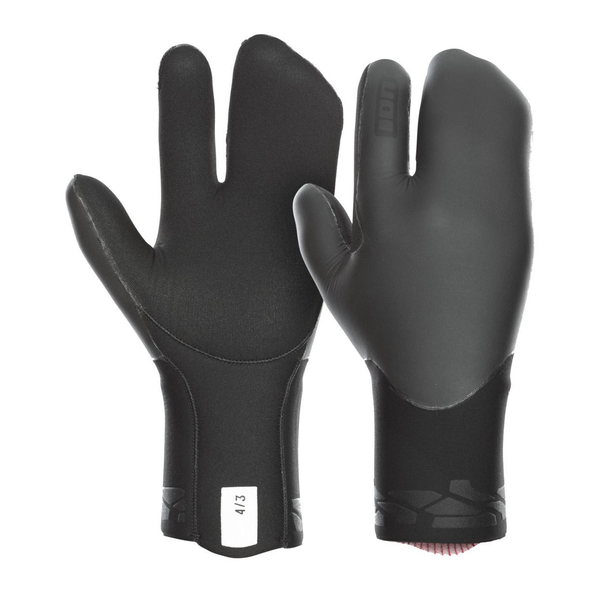 ION Lobster Mitten 4/3 2024 schwarze Neopren-Handschuhe mit Fäustling-Design, Frontal- und Rückansicht