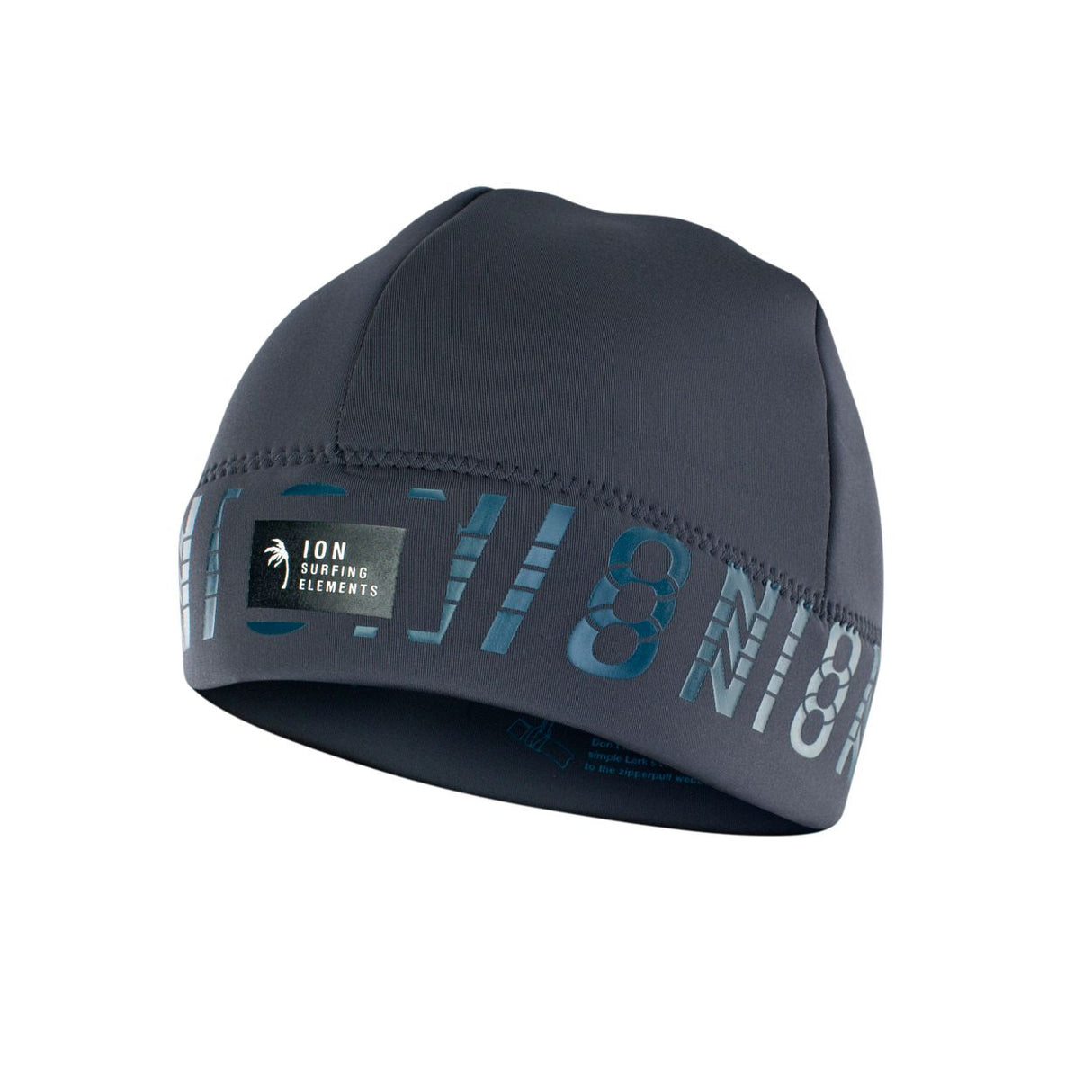ION Water Beanie Neo Logo Unisex 2026, dunkelgrau mit blauem Logo-Print, Neopren-Material, Frontalansicht