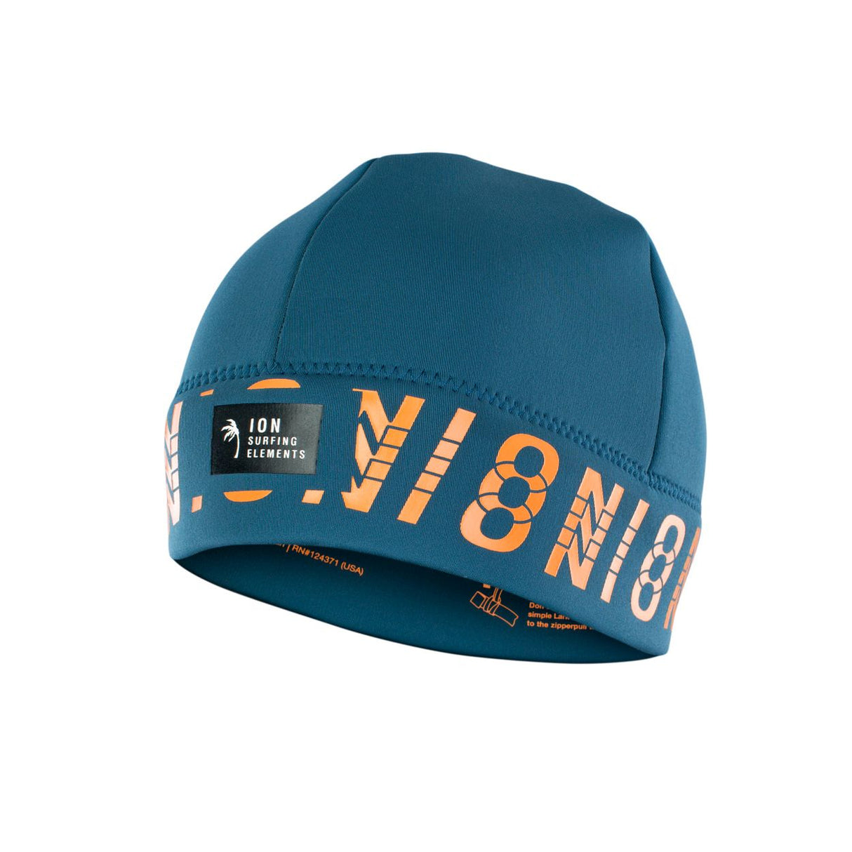 ION Water Beanie Neo Logo Unisex in Blau mit orangem Logo-Druck, Neopren-Material, Frontalansicht