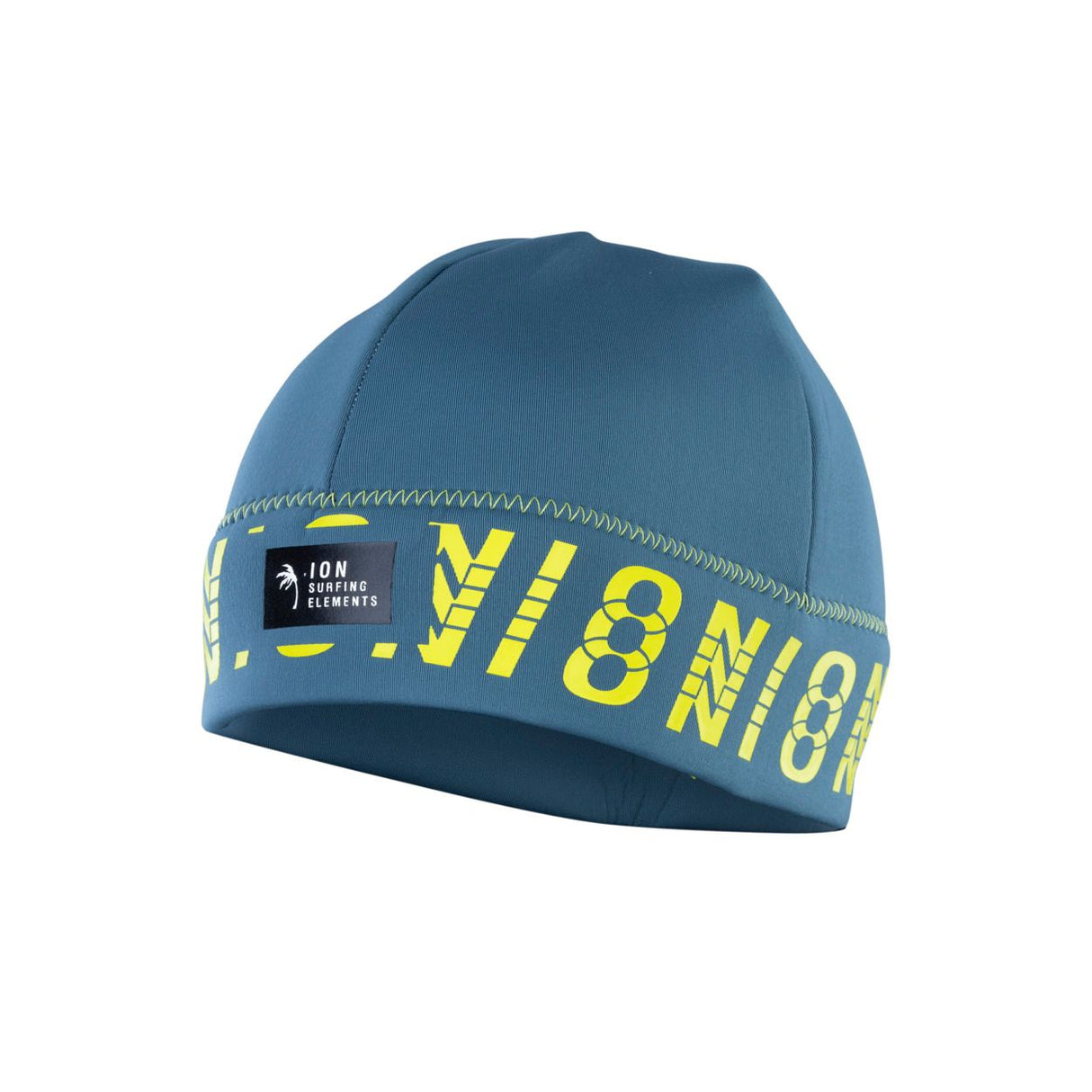 ION Water Beanie Neo Logo unisex 2026, blaugrüne Neopren-Mütze mit gelbem ION-Logo und Nähten, Frontalansicht