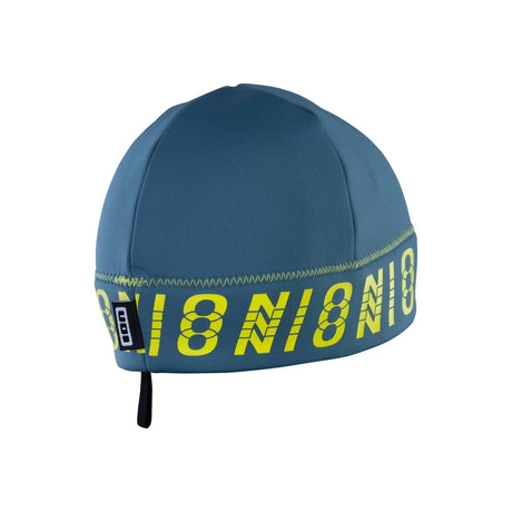 ION Water Beanie Neo Logo unisex, blaugrüne Neopren-Mütze mit gelbem ION-Logo-Band, Frontalansicht