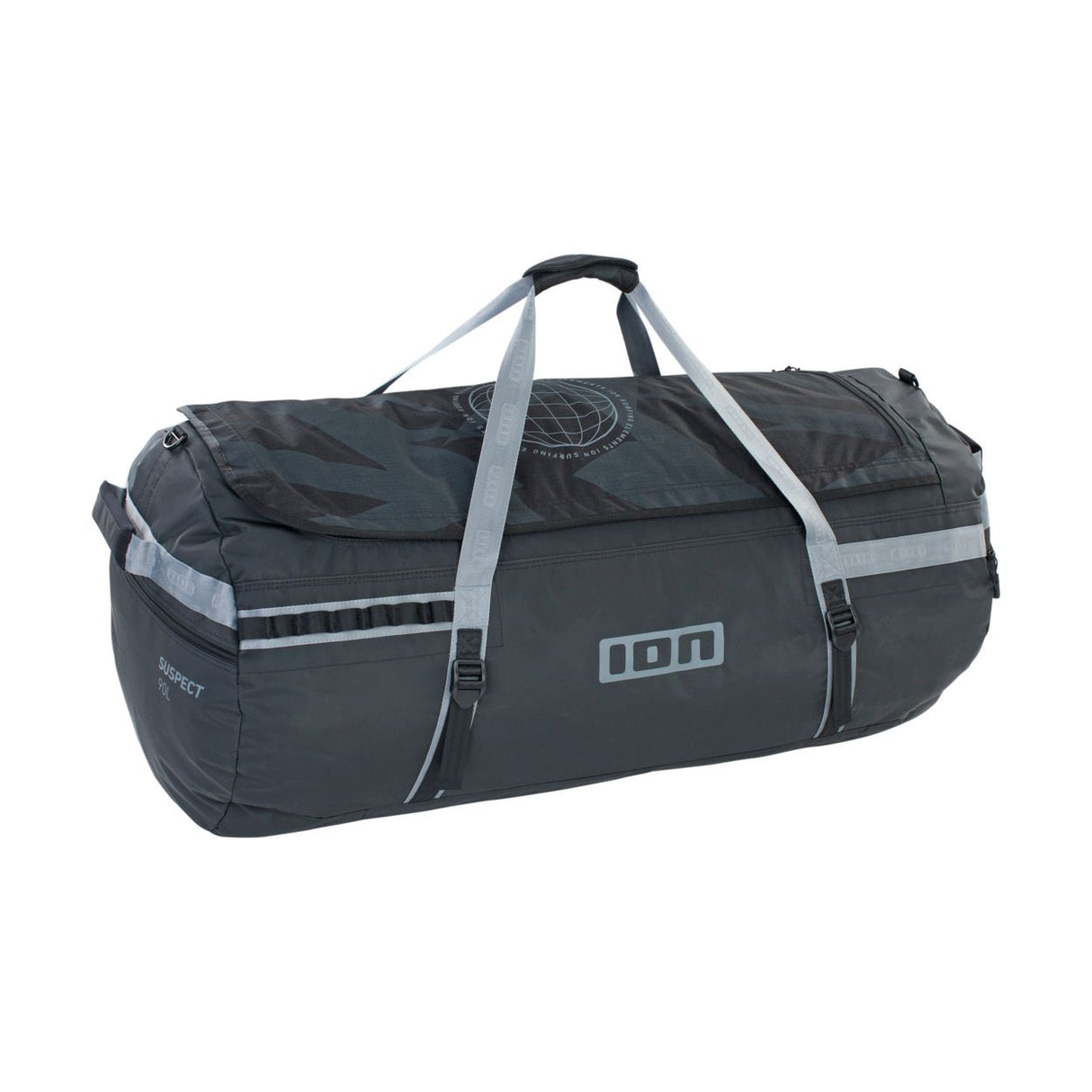 ION Suspect Duffel Bag 2024 in Schwarz mit grauen Henkeln und reflektierenden Streifen, Seitenperspektive