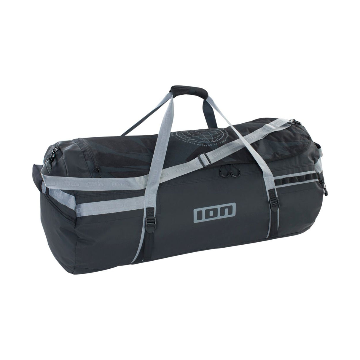 ION Suspect Duffel Bag 2024, schwarze Segeltuch-Reisetasche mit grauem Schultergurt und reflektierenden Details
