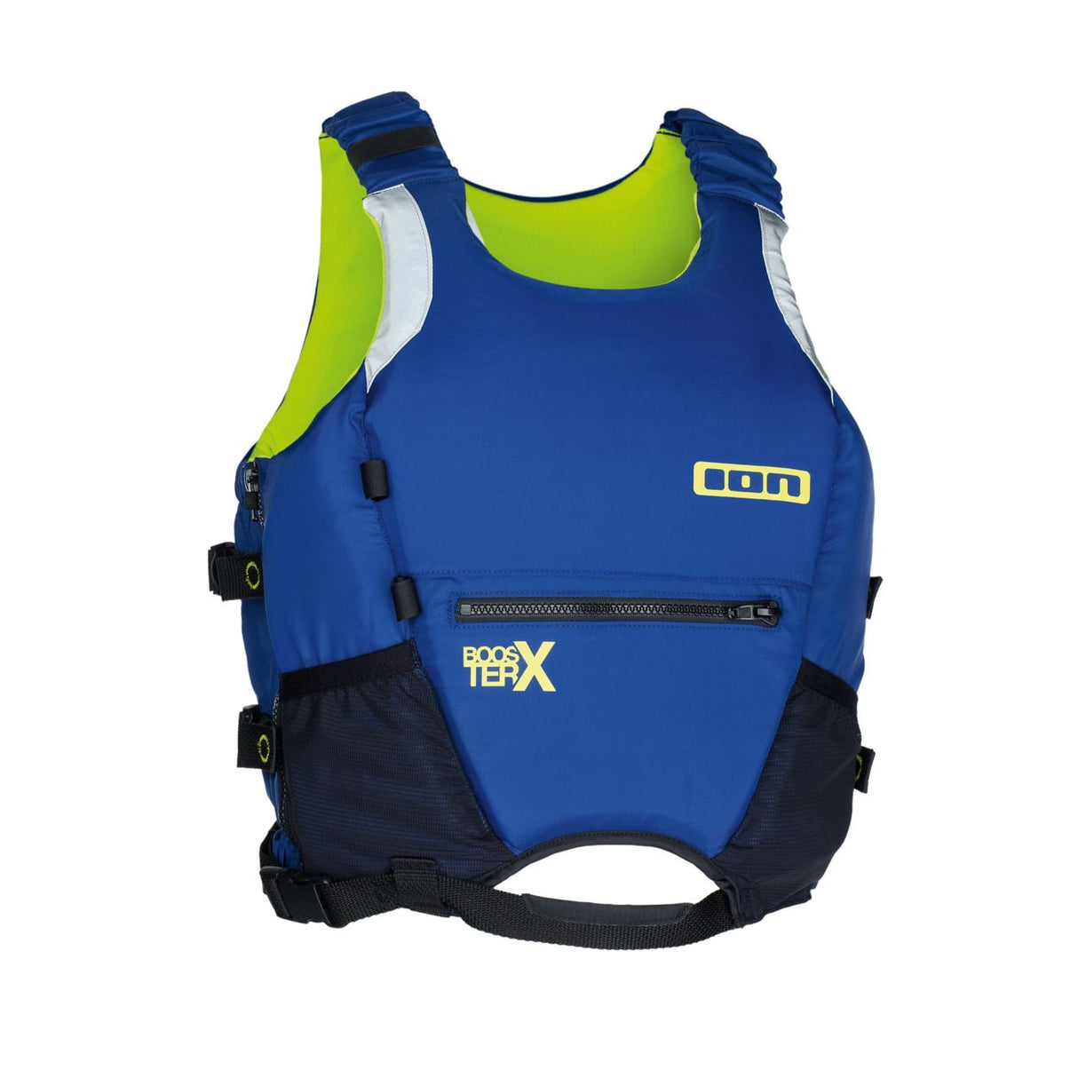 ION Booster X Vest Side Zip 2026 in Blau mit Neongelb, Frontalansicht, Neopren-Weste mit Seitlichem Reißverschluss