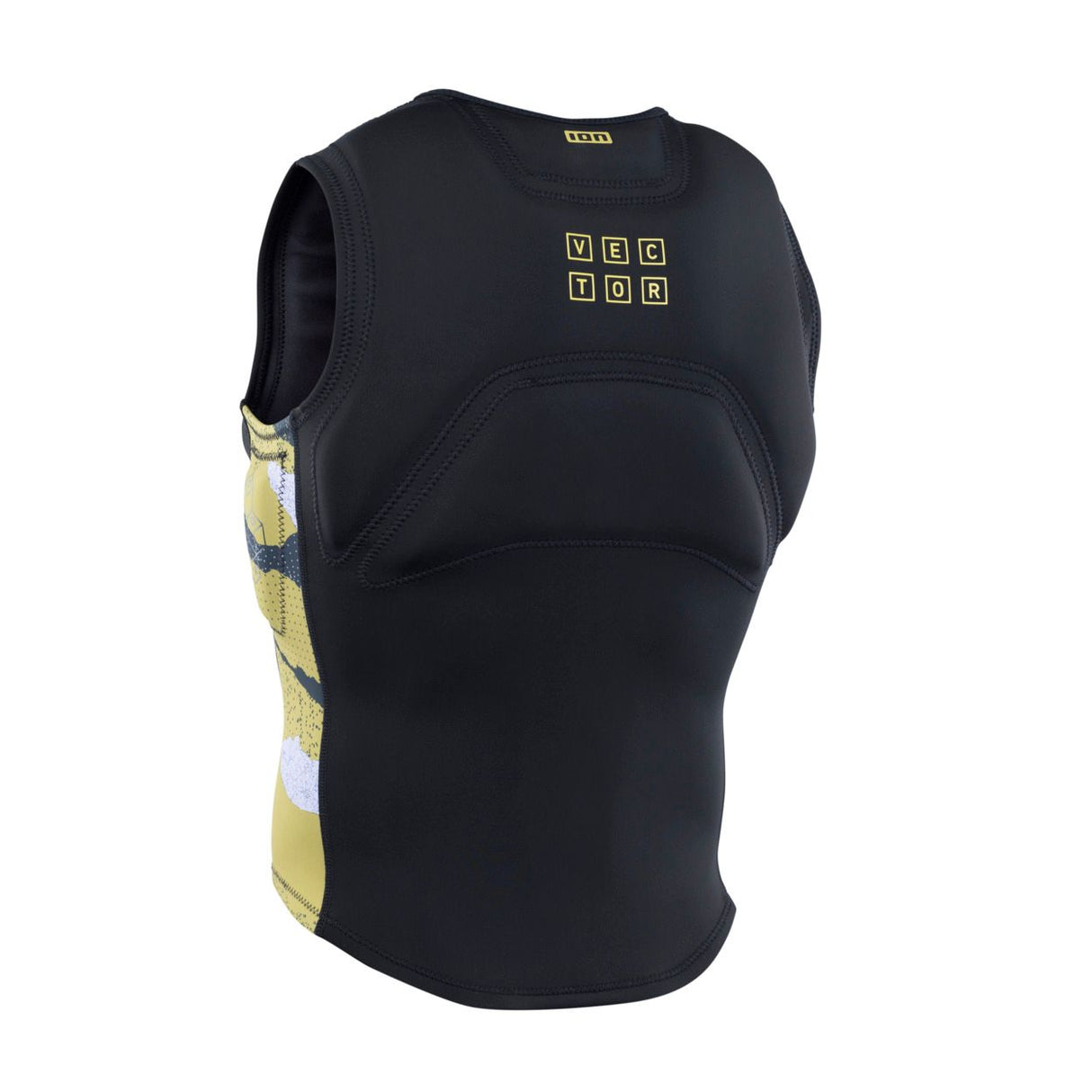 ION Vector Vest Core Front Zip Herren 2024, schwarze Neopren-Schutzweste mit gelbem Seiteneinsatz, Frontansicht