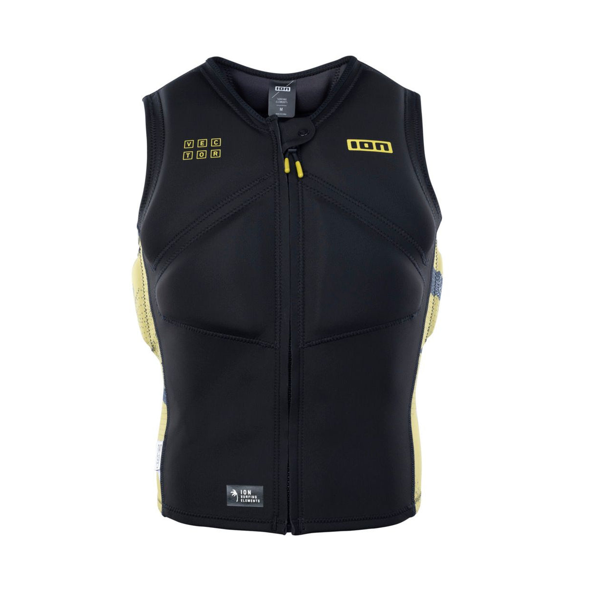 ION Vector Vest Core Front Zip Herren 2024, schwarz mit gelben Akzenten, Frontalansicht, Neopren-Schutzweste mit Reißverschluss