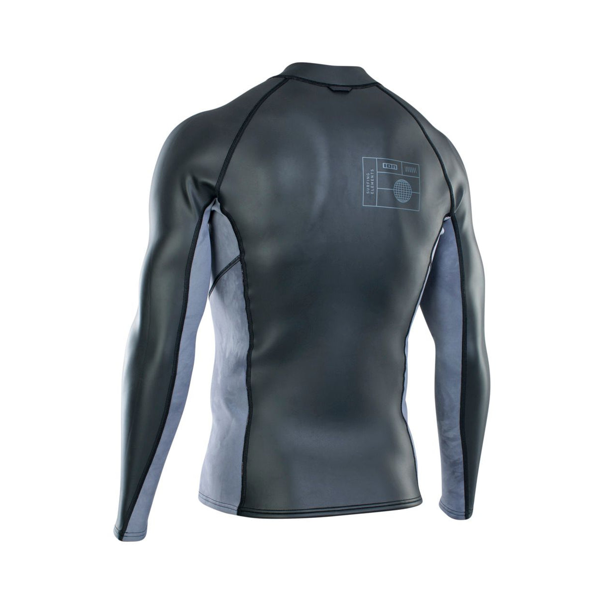 ION Neo Zip Top 2/1 LS Skin 2026 Neoprenanzug, Schwarz-Grau, Frontansicht mit Reißverschluss und Kontraststreifen