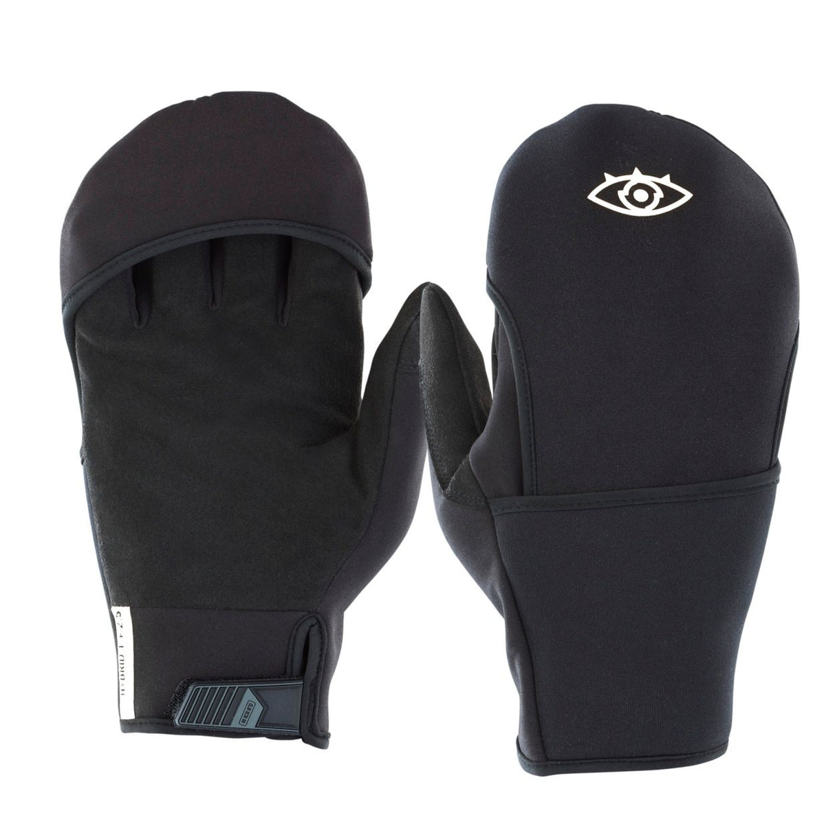 ION Hybrid Gloves 1+2.5 2026 schwarz, Neopren-Handschuhe mit Fäustling-Design, Frontal- und Rückansicht