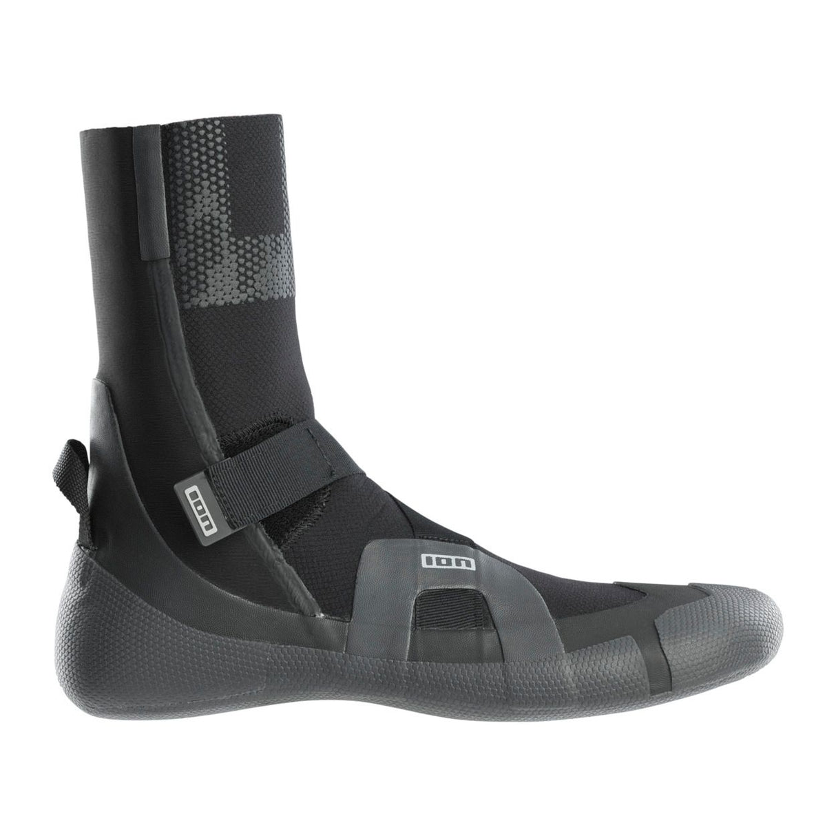 ION Ballistic Boots 3/2 Round Toe 2026, schwarze Neopren-Boots mit strukturiertem Material und Reißverschluss, Seitenansicht